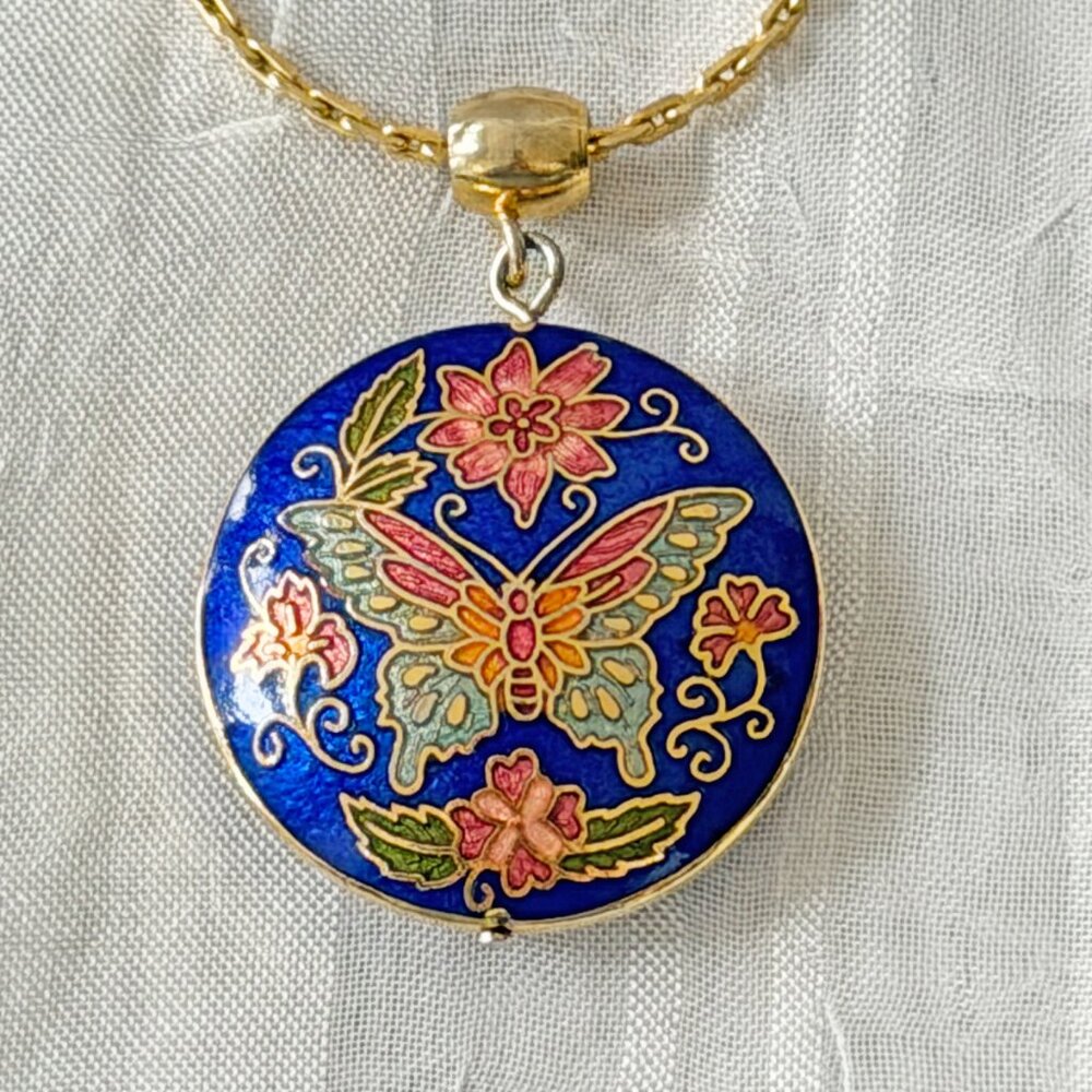 Vintage Cloisonné Enamel Butterfly & Flower 24" Pendant Necklace - Picture 2 of 4